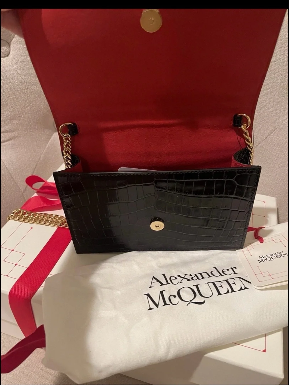 ALEXANDER MCQUEEN Black Croc Embossed Leather Skull Bag Gold Chain NWT$990